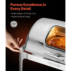 VEVOR Roll Top Chafing Dish Buffet Complete Set, 9 Qt 1 Pack Stainless Steel Chafer with 2 Half Size Pans, Rectangle Catering Warmer Server with Visible Lid Water Pan Folding Stand Fuel Holder, Silver