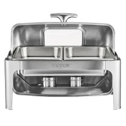 VEVOR Roll Top Chafing Dish Buffet Complete Set, 9 Qt 1 Pack Stainless Steel Chafer with 2 Half Size Pans, Rectangle Catering Warmer Server with Visible Lid Water Pan Folding Stand Fuel Holder, Silver