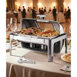 VEVOR Roll Top Chafing Dish Buffet Complete Set, 9 Qt 1 Pack Stainless Steel Chafer with 2 Half Size Pans, Rectangle Catering Warmer Server with Visible Lid Water Pan Folding Stand Fuel Holder, Silver