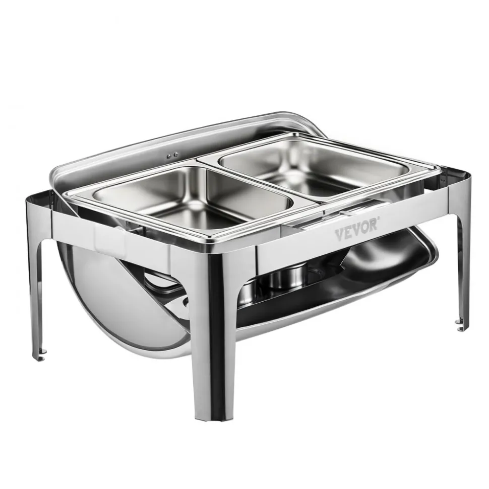 VEVOR Roll Top Chafing Dish Buffet Complete Set, 9 Qt 1 Pack Stainless Steel Chafer with 2 Half Size Pans, Rectangle Catering Warmer Server with Visible Lid Water Pan Folding Stand Fuel Holder, Silver