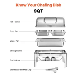 VEVOR Roll Top Chafing Dish Buffet Complete Set, 9 Qt 1 Pack Stainless Steel Chafer with 2 Half Size Pans, Rectangle Catering Warmer Server with Visible Lid Water Pan Folding Stand Fuel Holder, Silver