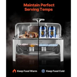 VEVOR Roll Top Chafing Dish Buffet Complete Set, 9 Qt 1 Pack Stainless Steel Chafer with 2 Half Size Pans, Rectangle Catering Warmer Server with Visible Lid Water Pan Folding Stand Fuel Holder, Silver