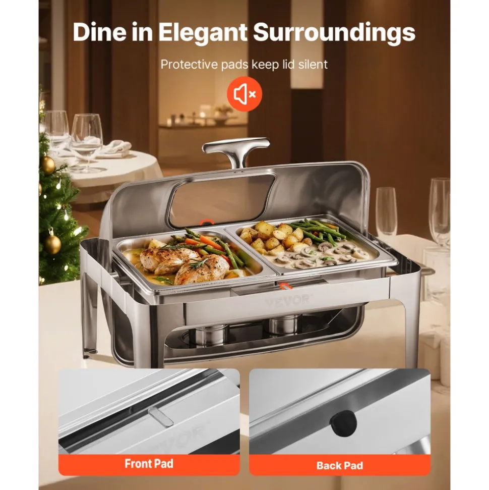 VEVOR Roll Top Chafing Dish Buffet Complete Set, 9 Qt 1 Pack Stainless Steel Chafer with 2 Half Size Pans, Rectangle Catering Warmer Server with Visible Lid Water Pan Folding Stand Fuel Holder, Silver