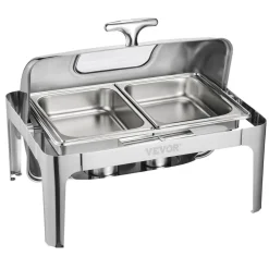 VEVOR Roll Top Chafing Dish Buffet Complete Set, 9 Qt 1 Pack Stainless Steel Chafer with 2 Half Size Pans, Rectangle Catering Warmer Server with Visible Lid Water Pan Folding Stand Fuel Holder, Silver