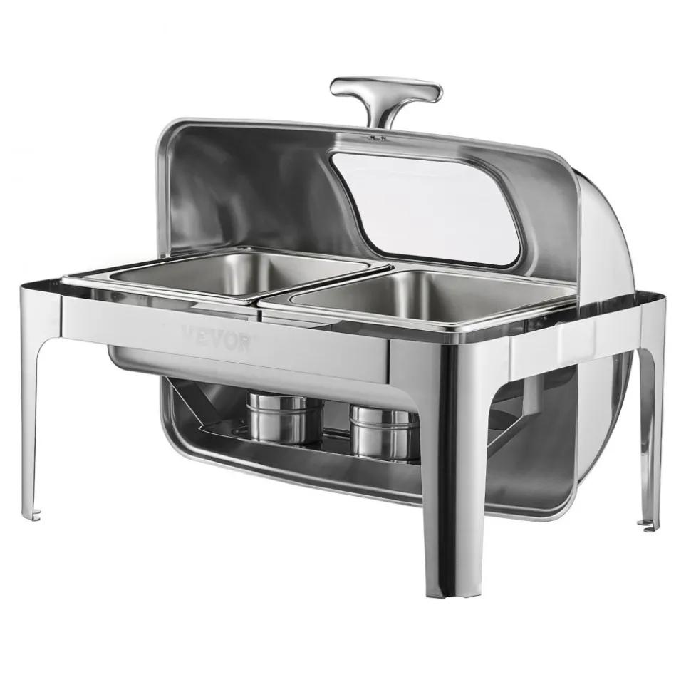 VEVOR Roll Top Chafing Dish Buffet Complete Set, 9 Qt 1 Pack Stainless Steel Chafer with 2 Half Size Pans, Rectangle Catering Warmer Server with Visible Lid Water Pan Folding Stand Fuel Holder, Silver