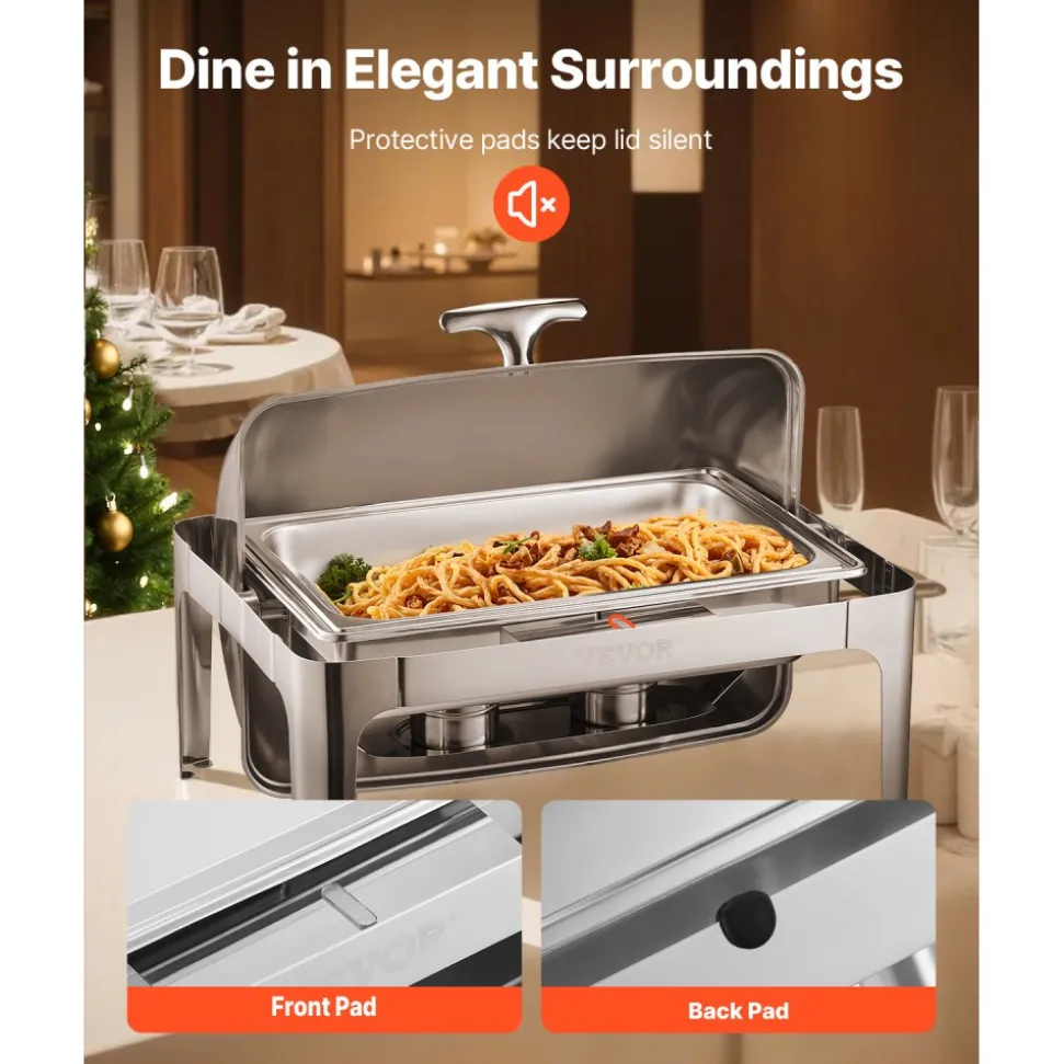 VEVOR Roll Top Chafing Dish Buffet Complete Set, 9Qt Stainless Steel Chafer with Full Size Pan, Rectangle Catering Warmer Server with Lid Water Pan Folding Stand Fuel Holder Meal Clip, Silver