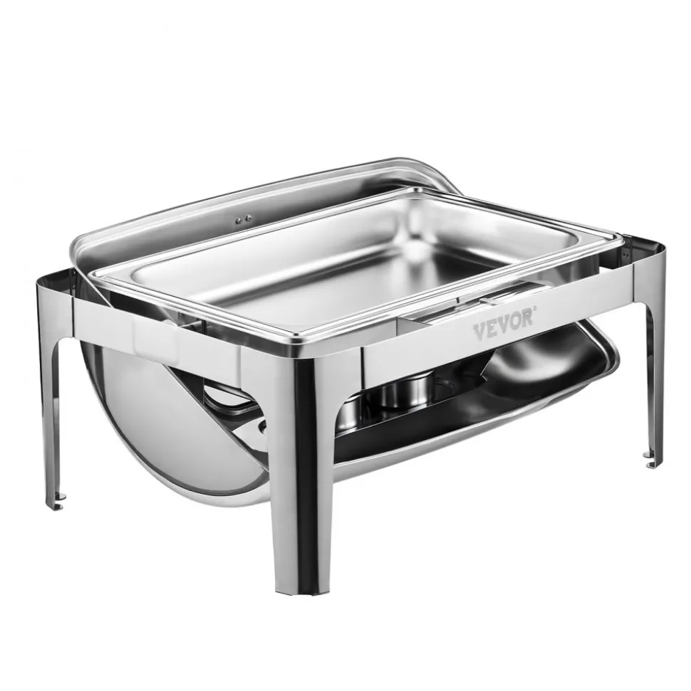 VEVOR Roll Top Chafing Dish Buffet Complete Set, 9Qt Stainless Steel Chafer with Full Size Pan, Rectangle Catering Warmer Server with Lid Water Pan Folding Stand Fuel Holder Meal Clip, Silver