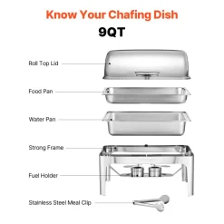 VEVOR Roll Top Chafing Dish Buffet Complete Set, 9Qt Stainless Steel Chafer with Full Size Pan, Rectangle Catering Warmer Server with Lid Water Pan Folding Stand Fuel Holder Meal Clip, Silver