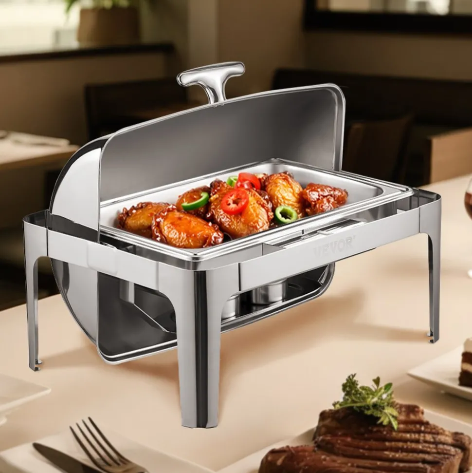 VEVOR Roll Top Chafing Dish Buffet Complete Set, 9Qt Stainless Steel Chafer with Full Size Pan, Rectangle Catering Warmer Server with Lid Water Pan Folding Stand Fuel Holder Meal Clip, Silver