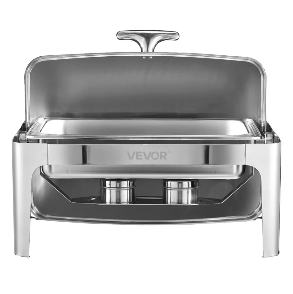 VEVOR Roll Top Chafing Dish Buffet Complete Set, 9Qt Stainless Steel Chafer with Full Size Pan, Rectangle Catering Warmer Server with Lid Water Pan Folding Stand Fuel Holder Meal Clip, Silver