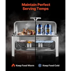 VEVOR Roll Top Chafing Dish Buffet Complete Set, 9Qt Stainless Steel Chafer with Full Size Pan, Rectangle Catering Warmer Server with Lid Water Pan Folding Stand Fuel Holder Meal Clip, Silver