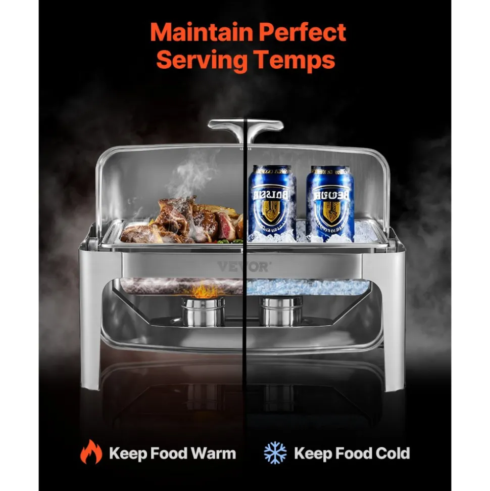 VEVOR Roll Top Chafing Dish Buffet Complete Set, 9Qt Stainless Steel Chafer with Full Size Pan, Rectangle Catering Warmer Server with Lid Water Pan Folding Stand Fuel Holder Meal Clip, Silver