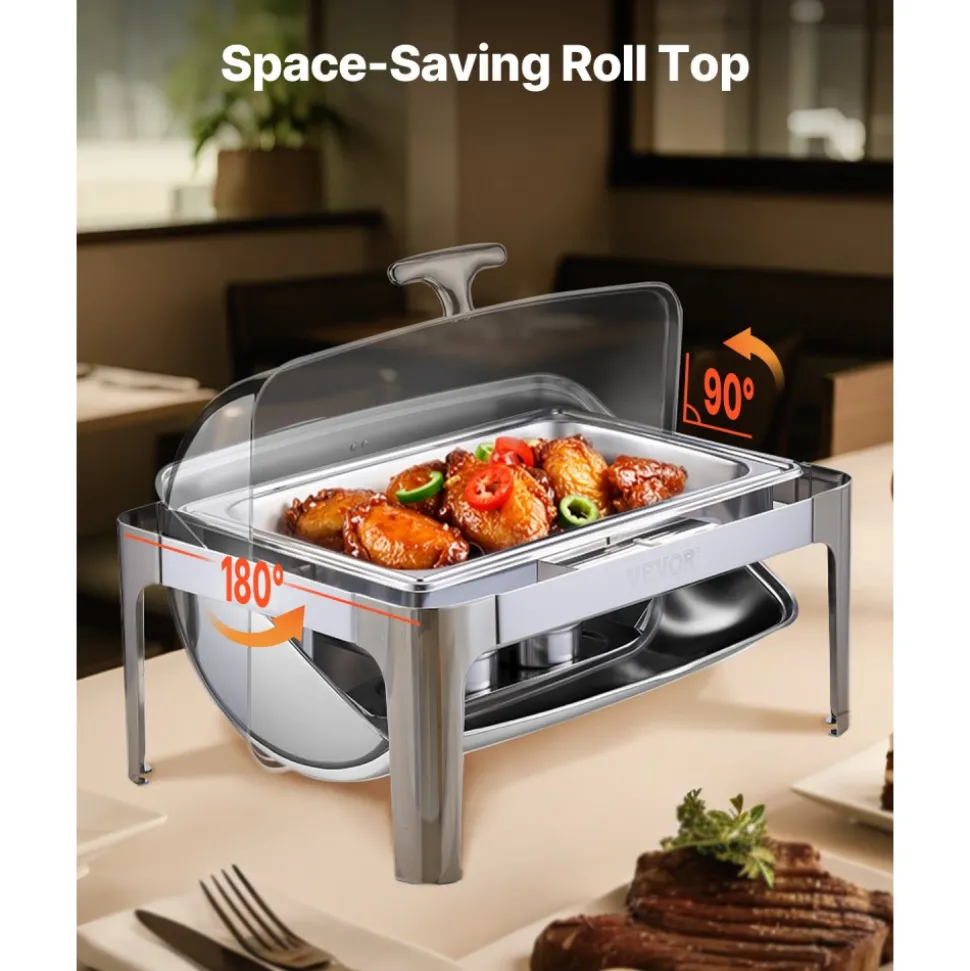 VEVOR Roll Top Chafing Dish Buffet Complete Set, 9Qt Stainless Steel Chafer with Full Size Pan, Rectangle Catering Warmer Server with Lid Water Pan Folding Stand Fuel Holder Meal Clip, Silver