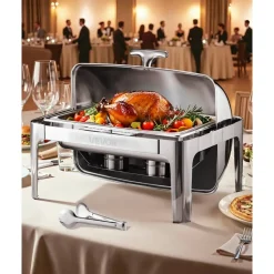 VEVOR Roll Top Chafing Dish Buffet Complete Set, 9Qt Stainless Steel Chafer with Full Size Pan, Rectangle Catering Warmer Server with Lid Water Pan Folding Stand Fuel Holder Meal Clip, Silver