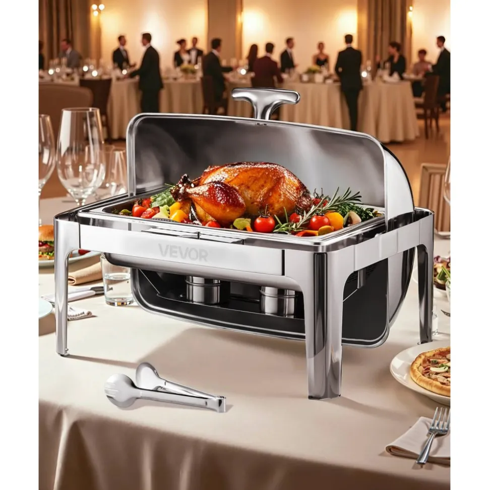 VEVOR Roll Top Chafing Dish Buffet Complete Set, 9Qt Stainless Steel Chafer with Full Size Pan, Rectangle Catering Warmer Server with Lid Water Pan Folding Stand Fuel Holder Meal Clip, Silver