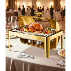 VEVOR Roll Top Chafing Dish Buffet Complete Set, 9Qt Stainless Steel Chafer with Full Size Pan, Rectangle Catering Warmer Server with Visible Lid Water Pan Folding Stand Fuel Holder Meal Clip, Gold
