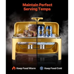 VEVOR Roll Top Chafing Dish Buffet Complete Set, 9Qt Stainless Steel Chafer with Full Size Pan, Rectangle Catering Warmer Server with Visible Lid Water Pan Folding Stand Fuel Holder Meal Clip, Gold