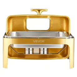 VEVOR Roll Top Chafing Dish Buffet Complete Set, 9Qt Stainless Steel Chafer with Full Size Pan, Rectangle Catering Warmer Server with Visible Lid Water Pan Folding Stand Fuel Holder Meal Clip, Gold