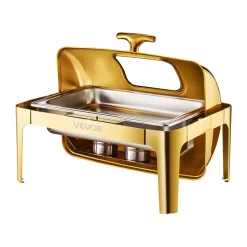 VEVOR Roll Top Chafing Dish Buffet Complete Set, 9Qt Stainless Steel Chafer with Full Size Pan, Rectangle Catering Warmer Server with Visible Lid Water Pan Folding Stand Fuel Holder Meal Clip, Gold