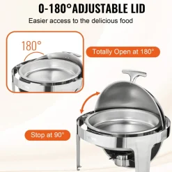 VEVOR Roll Top Chafing Dish Buffet Set, 6 Qt 2 Pack, Stainless Steel Chafer with 2 Full Size Pans, Round Catering Warmer Server with Lid Water Pan Stand Fuel Holder, for at Least 5 People Each