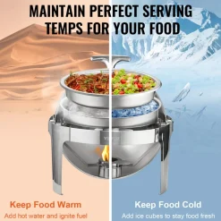 VEVOR Roll Top Chafing Dish Buffet Set, 6 Qt 2 Pack, Stainless Steel Chafer with 2 Full Size Pans, Round Catering Warmer Server with Lid Water Pan Stand Fuel Holder, for at Least 5 People Each