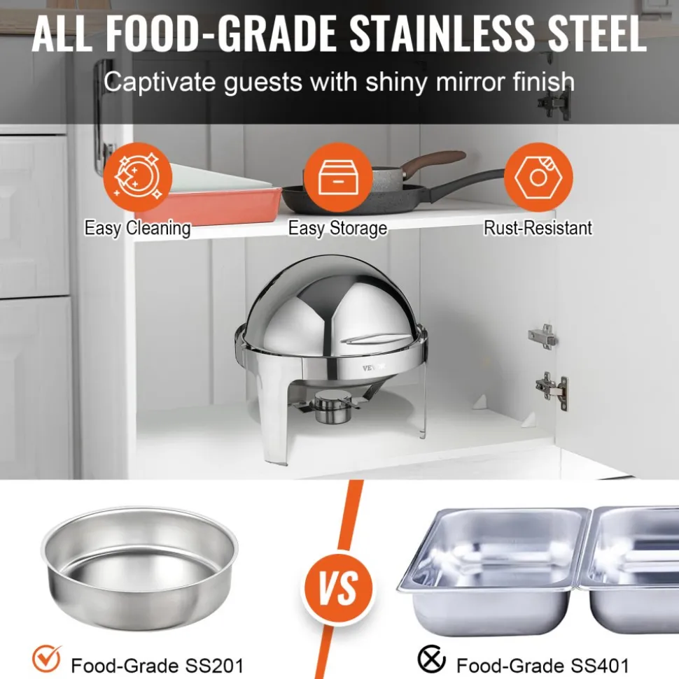 VEVOR Roll Top Chafing Dish Buffet Set, 6 Qt 2 Pack, Stainless Steel Chafer with 2 Full Size Pans, Round Catering Warmer Server with Lid Water Pan Stand Fuel Holder, for at Least 5 People Each