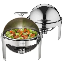 VEVOR Roll Top Chafing Dish Buffet Set, 6 Qt 2 Pack, Stainless Steel Chafer with 2 Full Size Pans, Round Catering Warmer Server with Lid Water Pan Stand Fuel Holder, for at Least 5 People Each