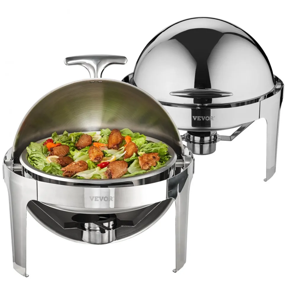 VEVOR Roll Top Chafing Dish Buffet Set, 6 Qt 2 Pack, Stainless Steel Chafer with 2 Full Size Pans, Round Catering Warmer Server with Lid Water Pan Stand Fuel Holder, for at Least 5 People Each