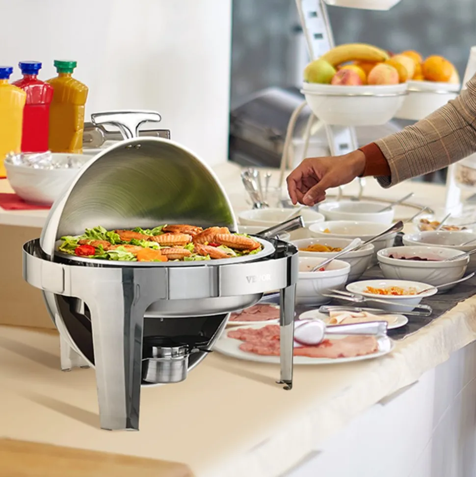 VEVOR Roll Top Chafing Dish Buffet Set, 6 Qt 2 Pack, Stainless Steel Chafer with 2 Full Size Pans, Round Catering Warmer Server with Lid Water Pan Stand Fuel Holder, for at Least 5 People Each