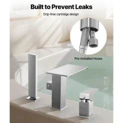 VEVOR Roman Tub Faucet, 3 Hole Waterfall Bathtub Faucet, Roman Bathtub Faucets Set with Shower Head & 1 Handle, Deck Mount Bath Tub Faucets Set for Adult Bathing, Brushed Stainless Steel, Drip-Free