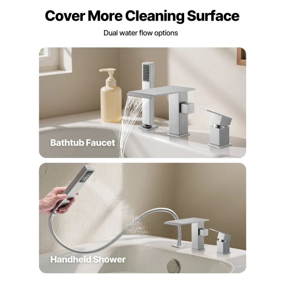 VEVOR Roman Tub Faucet, 3 Hole Waterfall Bathtub Faucet, Roman Bathtub Faucets Set with Shower Head & 1 Handle, Deck Mount Bath Tub Faucets Set for Adult Bathing, Brushed Stainless Steel, Drip-Free