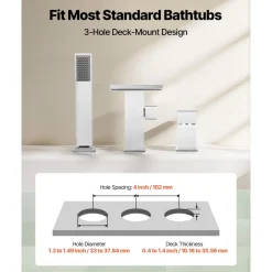 VEVOR Roman Tub Faucet, 3 Hole Waterfall Bathtub Faucet, Roman Bathtub Faucets Set with Shower Head & 1 Handle, Deck Mount Bath Tub Faucets Set for Adult Bathing, Brushed Stainless Steel, Drip-Free