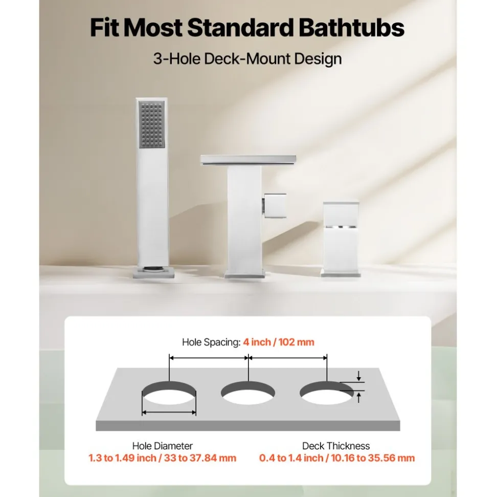 VEVOR Roman Tub Faucet, 3 Hole Waterfall Bathtub Faucet, Roman Bathtub Faucets Set with Shower Head & 1 Handle, Deck Mount Bath Tub Faucets Set for Adult Bathing, Brushed Stainless Steel, Drip-Free