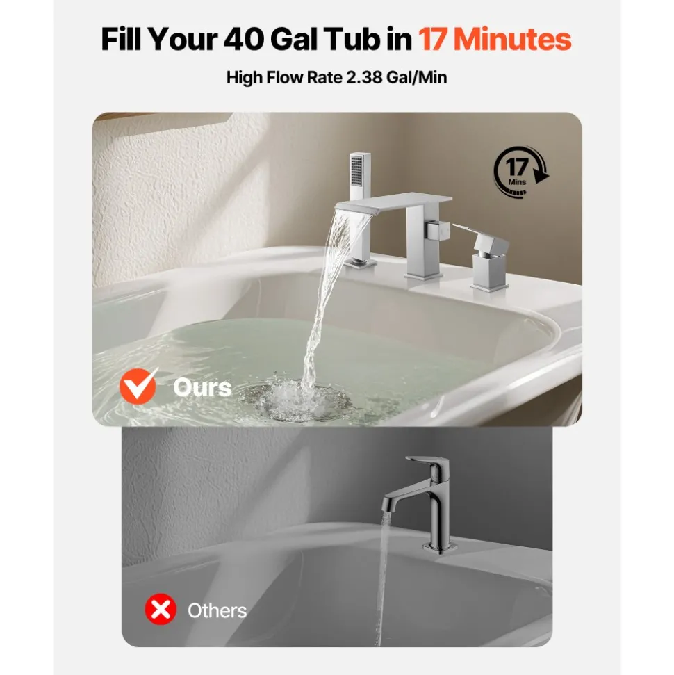 VEVOR Roman Tub Faucet, 3 Hole Waterfall Bathtub Faucet, Roman Bathtub Faucets Set with Shower Head & 1 Handle, Deck Mount Bath Tub Faucets Set for Adult Bathing, Brushed Stainless Steel, Drip-Free