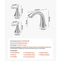 VEVOR Roman Tub Faucet, 3 Hole Waterfall Bathtub Faucet, Gooseneck Bath Tubs Faucets Set with 2 Handles, Deck Mount Bath Tub Faucets Set for Pet Washing, Adult Bathing, Brushed Stainless Steel