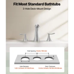 VEVOR Roman Tub Faucet, 3 Hole Waterfall Bathtub Faucet, Gooseneck Bath Tubs Faucets Set with 2 Handles, Deck Mount Bath Tub Faucets Set for Pet Washing, Adult Bathing, Brushed Stainless Steel
