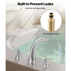 VEVOR Roman Tub Faucet, 3 Hole Waterfall Bathtub Faucet, Gooseneck Bath Tubs Faucets Set with 2 Handles, Deck Mount Bath Tub Faucets Set for Pet Washing, Adult Bathing, Brushed Stainless Steel