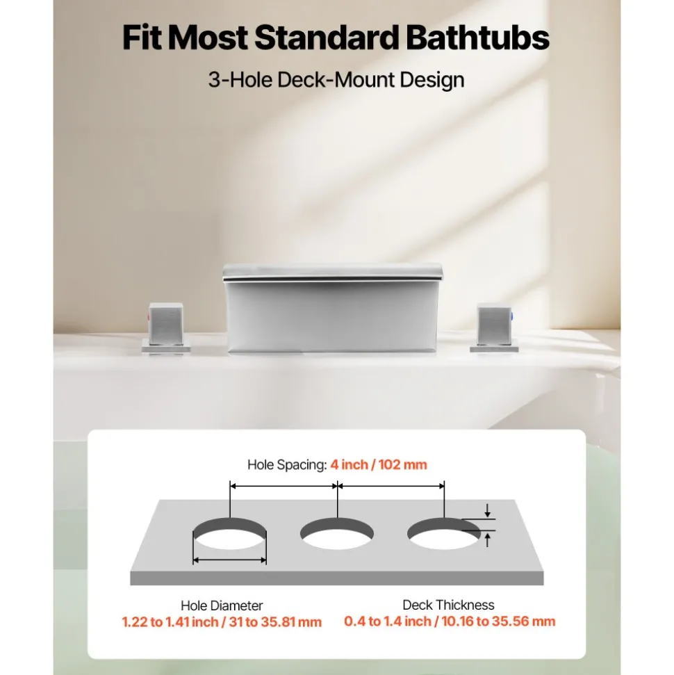 VEVOR Roman Tub Faucet, 3 Hole Waterfall Bathtub Faucet, Gooseneck Bath Tubs Faucets Set with 2 Handles, Deck Mount Bath Tub Faucets Set for Pet Washing, Adult Bathing, Silver, High Arc Spout