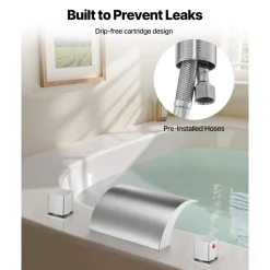 VEVOR Roman Tub Faucet, 3 Hole Waterfall Bathtub Faucet, Bath Tubs Faucets Set with 2 Handles, Deck Mount Bath Tub Faucets Set for Adult Bathing, Silver, Waterfall Spout Design, Temperature Control