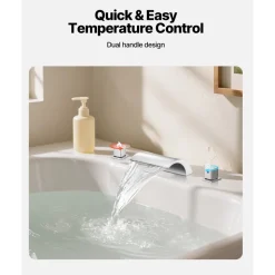 VEVOR Roman Tub Faucet, 3 Hole Waterfall Bathtub Faucet, Gooseneck Bath Tubs Faucets Set with 2 Handles, Deck Mount Bath Tub Faucets Set for Pet Washing, Adult Bathing, Silver, High Arc Spout