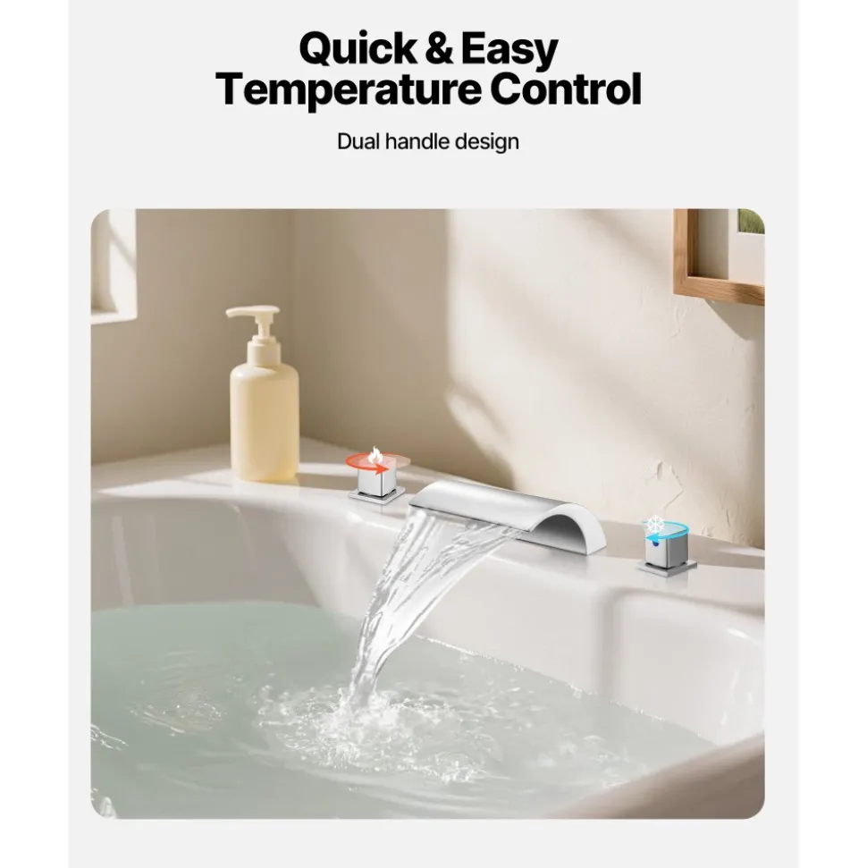 VEVOR Roman Tub Faucet, 3 Hole Waterfall Bathtub Faucet, Gooseneck Bath Tubs Faucets Set with 2 Handles, Deck Mount Bath Tub Faucets Set for Pet Washing, Adult Bathing, Silver, High Arc Spout