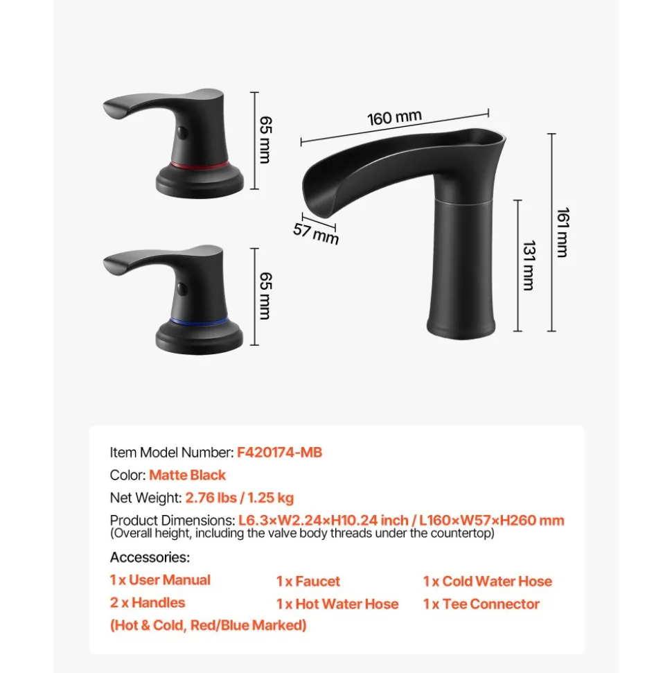 VEVOR Roman Tub Faucet, 3 Hole Waterfall Bathtub Faucet, Zinc Alloy Bath Tubs Faucets Set with 2 Handles, Deck Mount Bath Tub Faucets Set for Pet Washing, Baby Care, Adult Bathing, Matte Black