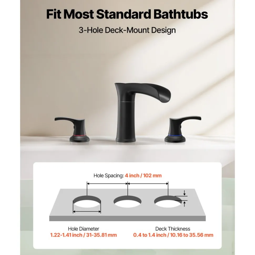 VEVOR Roman Tub Faucet, 3 Hole Waterfall Bathtub Faucet, Zinc Alloy Bath Tubs Faucets Set with 2 Handles, Deck Mount Bath Tub Faucets Set for Pet Washing, Baby Care, Adult Bathing, Matte Black
