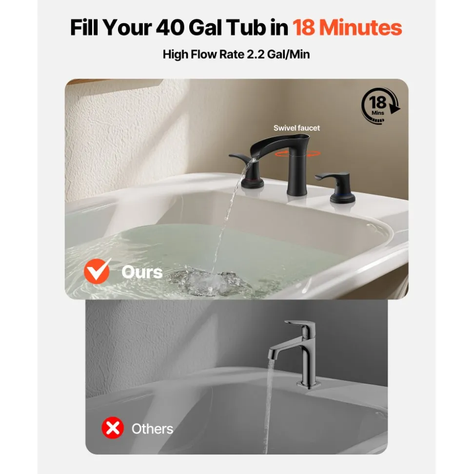 VEVOR Roman Tub Faucet, 3 Hole Waterfall Bathtub Faucet, Zinc Alloy Bath Tubs Faucets Set with 2 Handles, Deck Mount Bath Tub Faucets Set for Pet Washing, Baby Care, Adult Bathing, Matte Black