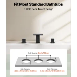 VEVOR Roman Tub Faucet, 3 Hole Waterfall Bathtub Faucet, Roman Bathtub Faucets Set with 2 Handles, Deck Mount Bath Tub Faucets Set for Pet Washing, Baby Care, Adult Bathing, Matte Black, Drip-Free