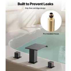 VEVOR Roman Tub Faucet, 3 Hole Waterfall Bathtub Faucet, Roman Bathtub Faucets Set with 2 Handles, Deck Mount Bath Tub Faucets Set for Pet Washing, Baby Care, Adult Bathing, Matte Black, Drip-Free