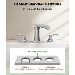 VEVOR Roman Tub Faucet, 3 Hole Waterfall Bathtub Faucet, Zinc Alloy Bath Tubs Faucets Set with 2 Handles, Deck Mount Bath Tub Faucets Set for Pet Washing, Adult Bathing, Silver, Hot & Cold Control