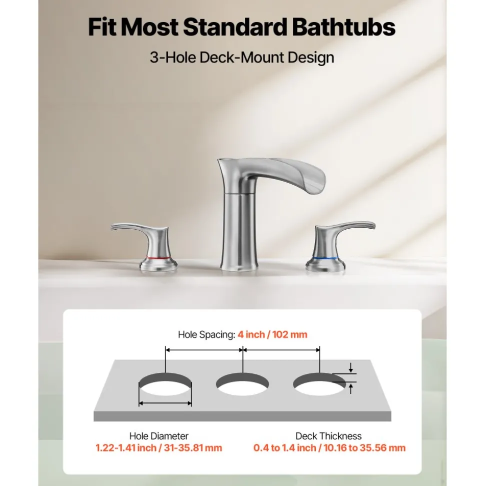 VEVOR Roman Tub Faucet, 3 Hole Waterfall Bathtub Faucet, Zinc Alloy Bath Tubs Faucets Set with 2 Handles, Deck Mount Bath Tub Faucets Set for Pet Washing, Adult Bathing, Silver, Hot & Cold Control