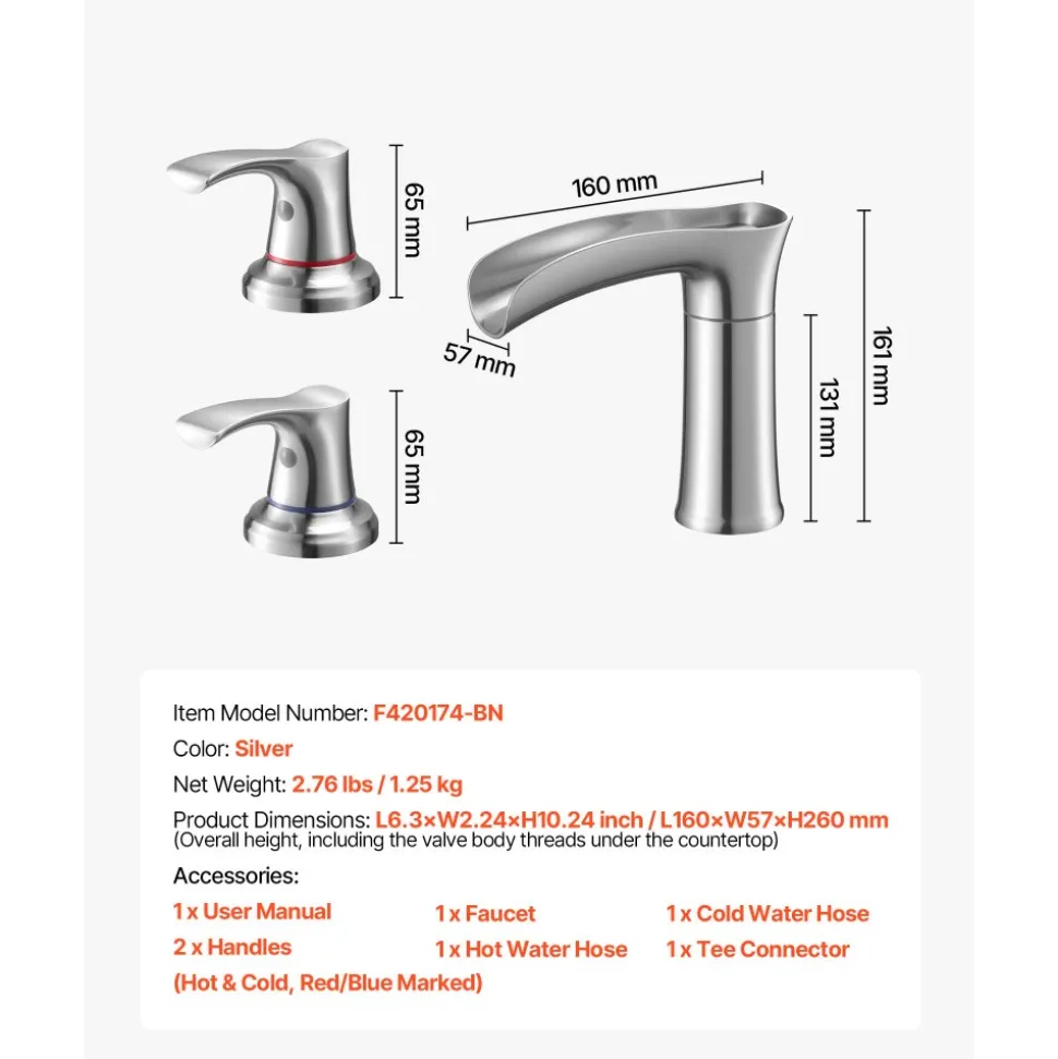 VEVOR Roman Tub Faucet, 3 Hole Waterfall Bathtub Faucet, Zinc Alloy Bath Tubs Faucets Set with 2 Handles, Deck Mount Bath Tub Faucets Set for Pet Washing, Adult Bathing, Silver, Hot & Cold Control