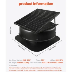 VEVOR Roof Attic Exhaust Fan, 50W Smart Solar Roof Ventilation Fan with Thermostat, Remote Control, 3000 CFM Airflow Built-in Smoke Sensor with Auto Stop for Cooling and Dehumidification